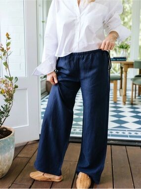 LL. Bean Wide Leg Navy Drawstring 100 %Linen Pants